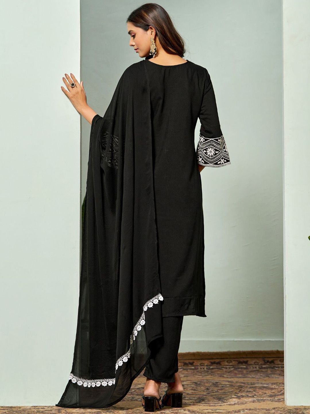 Sangria Chikankari Embroidered Straight Kurta & Trouser With Dupatta | Grocsy