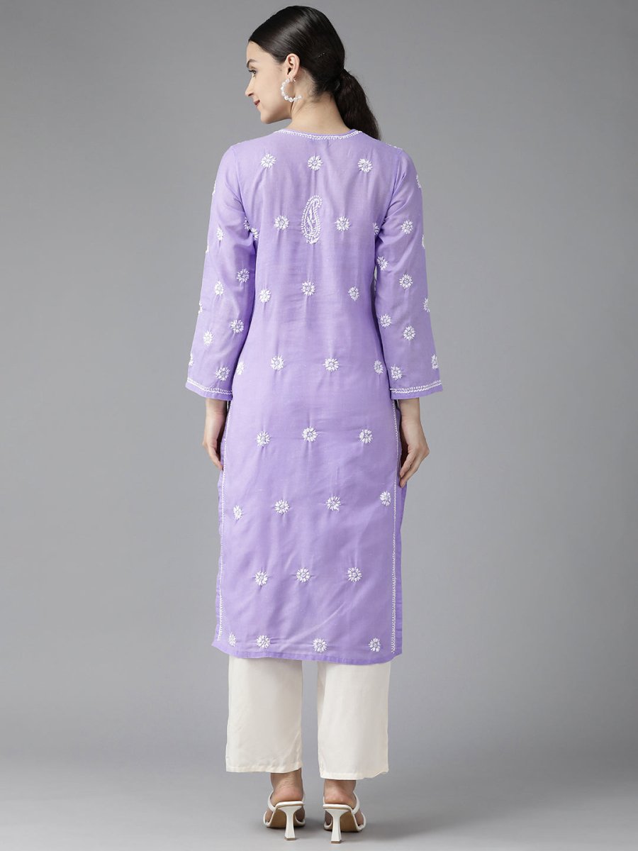 ADA Women Mauve & White Ethnic Motifs Embroidered Chikankari Kurta | Grocsy