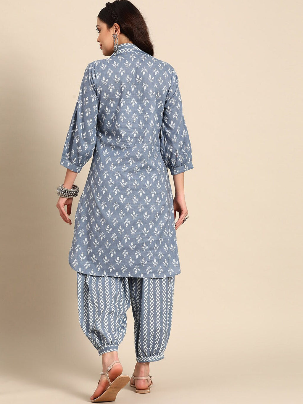 Sangria Blue & White Ethnic Motifs Printed V-Neck Pure Cotton A-Line Kurta With Salwar | Grocsy