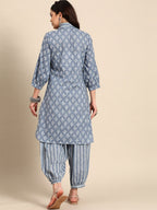 Sangria Blue & White Ethnic Motifs Printed V-Neck Pure Cotton A-Line Kurta With Salwar | Grocsy