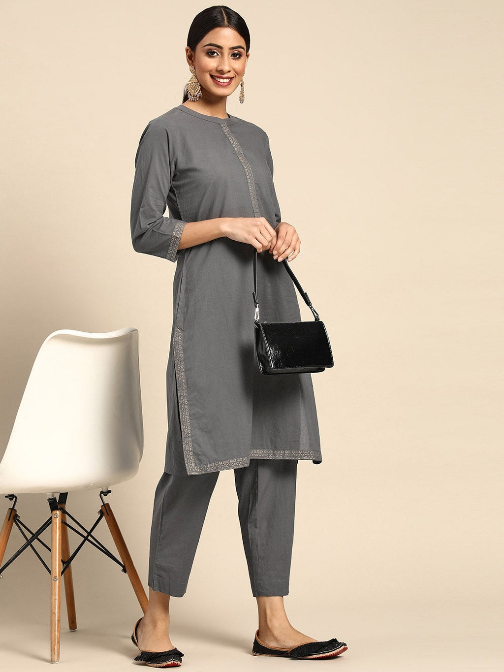 Sangria Women Charcoal Grey Pure Cotton Solid Kurta with Cropped Trousers | Grocsy
