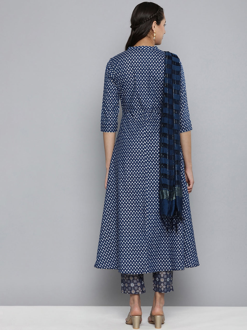 HERE&NOW Women Navy Blue Ethnic Motifs Printed Pure Cotton Kurta with Trousers & With Dupatta | Grocsy