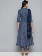 HERE&NOW Women Navy Blue Ethnic Motifs Printed Pure Cotton Kurta with Trousers & With Dupatta | Grocsy