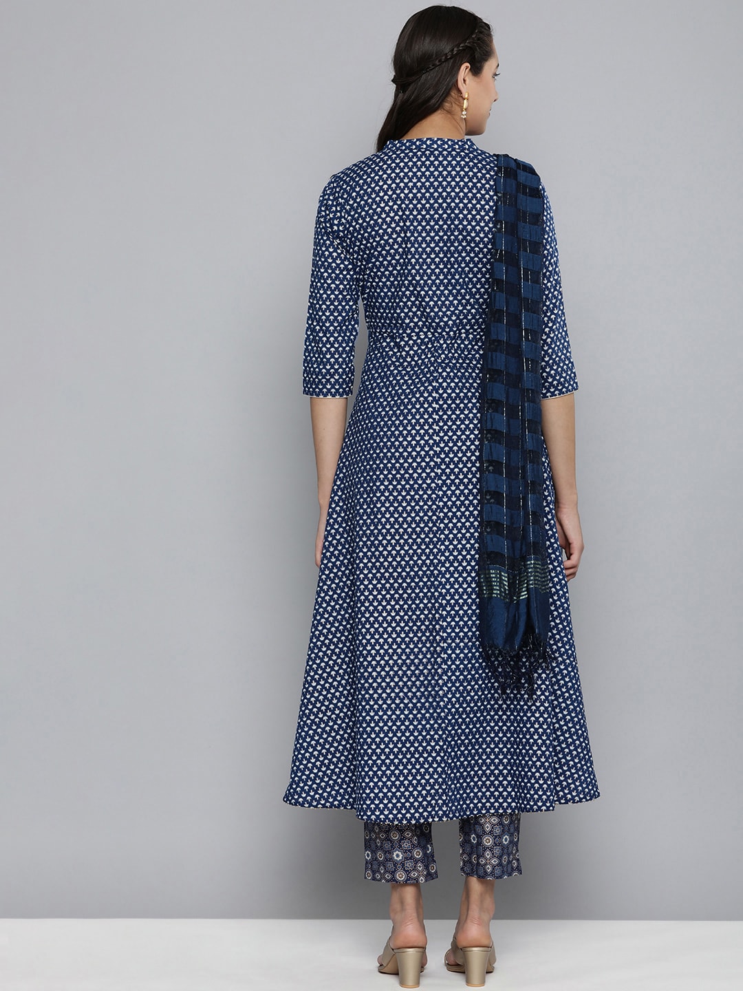 HERE&NOW Women Navy Blue Ethnic Motifs Printed Pure Cotton Kurta with Trousers & With Dupatta | Grocsy