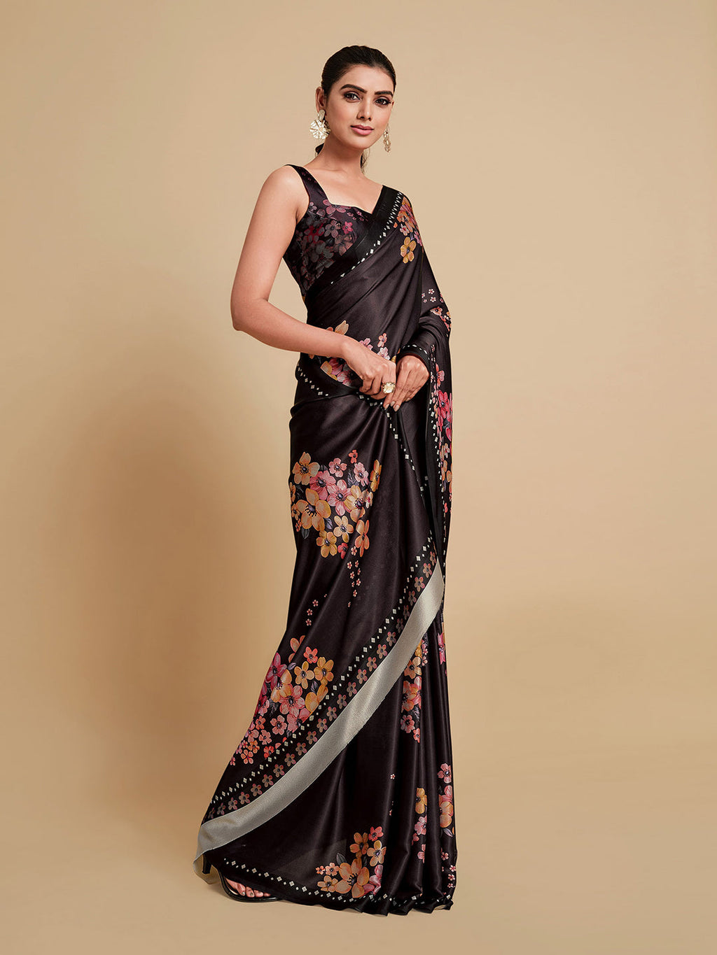 Sangria Black & Burgundy Floral Zari Satin Saree | Grocsy
