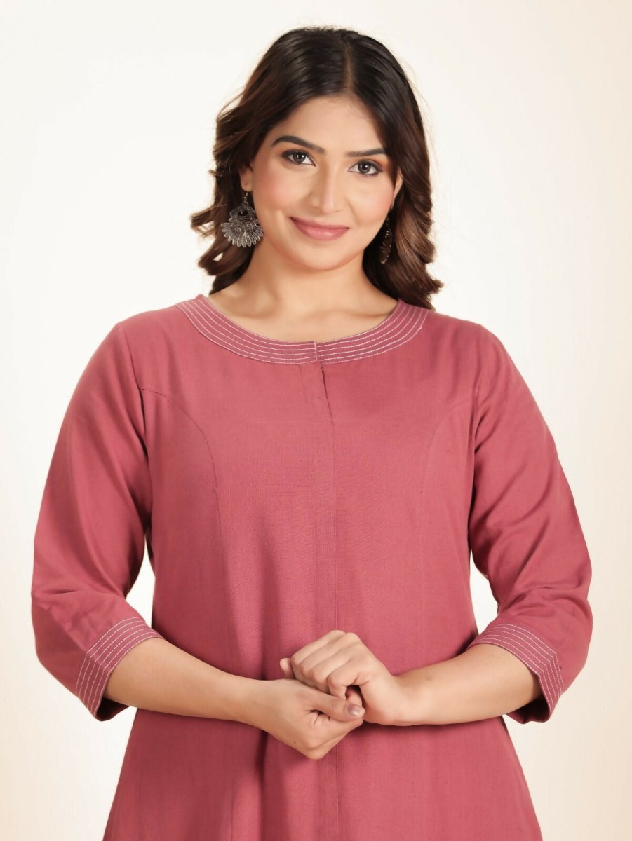 Aramya Pink Linen Cotton Solid Print A-line Kurta Set for Women | Grocsy