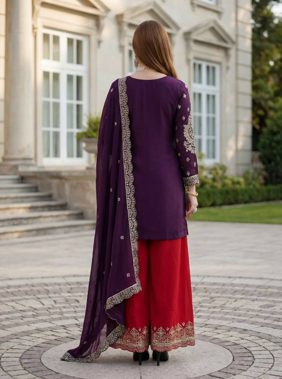 Joban Fashion Purple Silk Embroidered Sharara Set | Grocsy