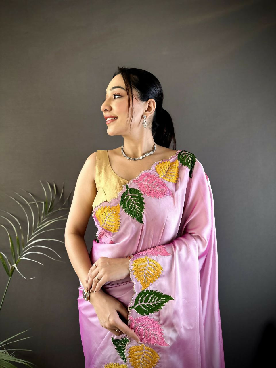 Prime Volt Multicolor Leaf Embroidery Rangoli Silk Saree with Scalloped Border-Pink | Grocsy