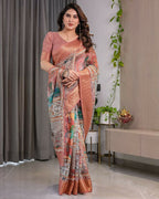 PR Fashion Peach Pure Handloom Linen Saree | Grocsy