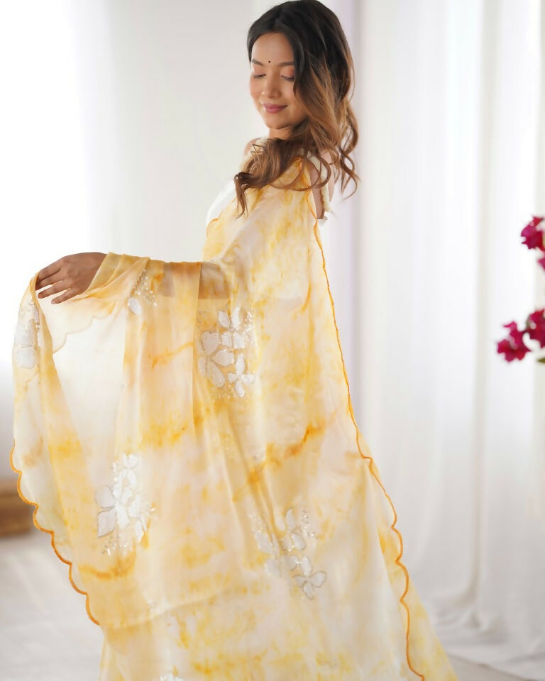 Yellow Jimmy Choo Printed, Sequence Embroidery Work Saree - Saima | Grocsy