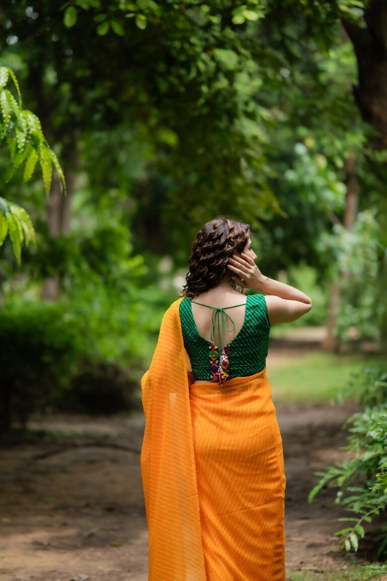 Amodini Designer Studio Women's Green Chinon Lehriya Sleeveless Blouse | Grocsy