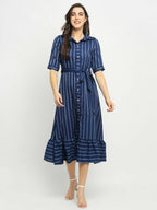 Rudra Bazaar Blue A-Line Striped Kurta | Grocsy