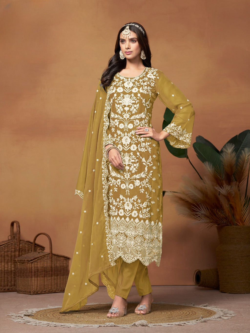 Anaita Mehendi Embroidered Soft Organza Salwar Suit | Grocsy
