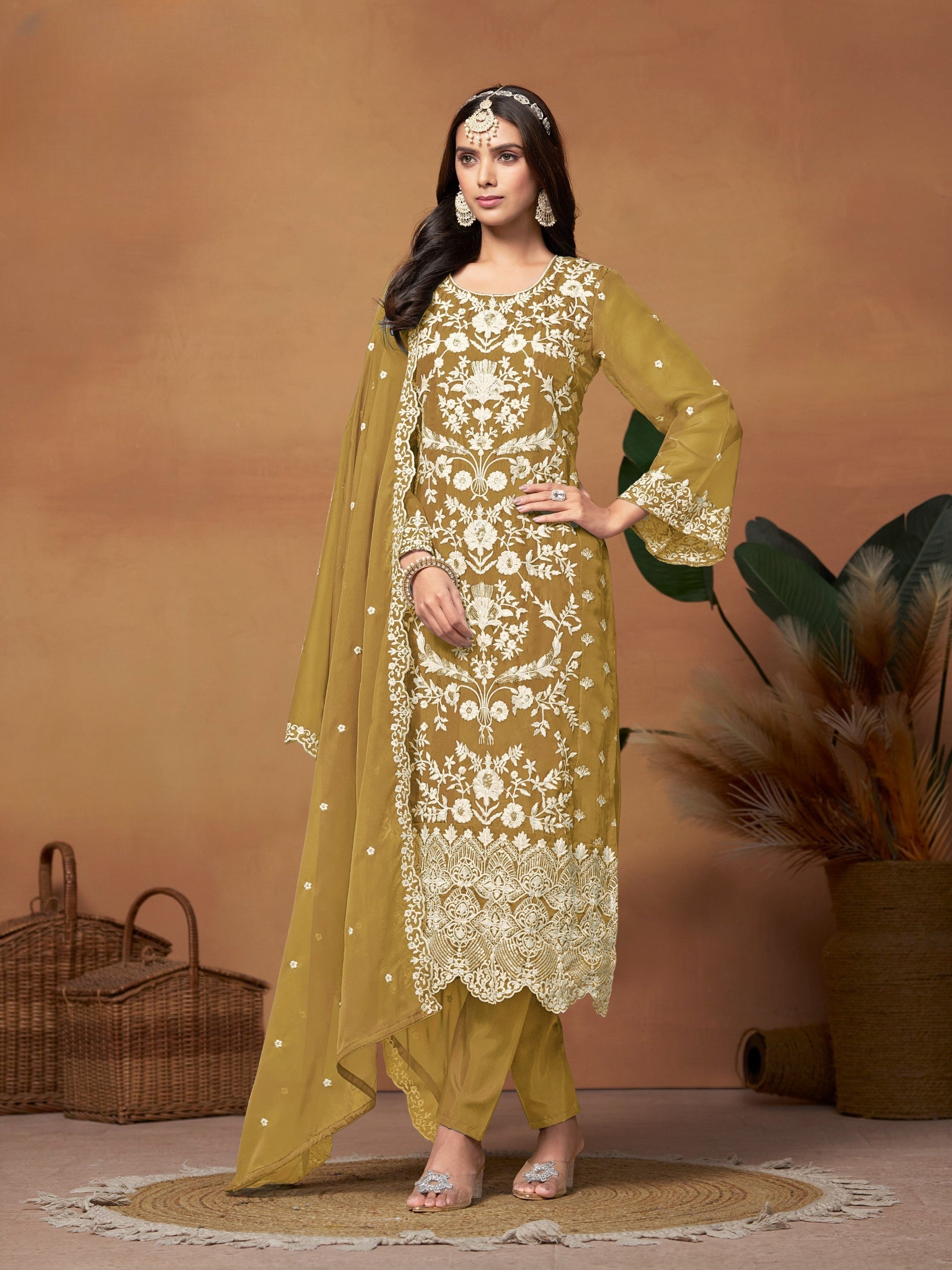 Anaita Mehendi Embroidered Soft Organza Salwar Suit | Grocsy