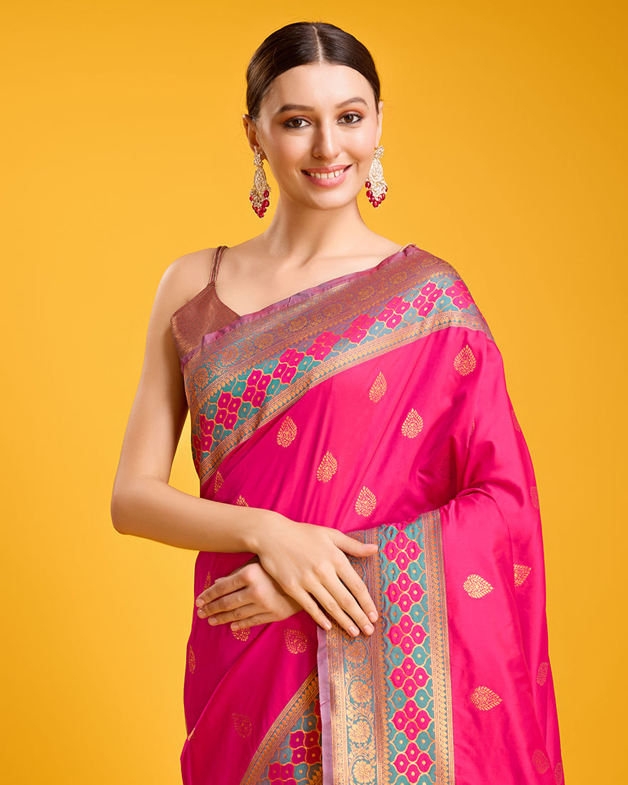 Monjolika Fashion Rani Pink Banarasi Rich Zari Woven Weave For Opulent Charm Silk Saree | Grocsy