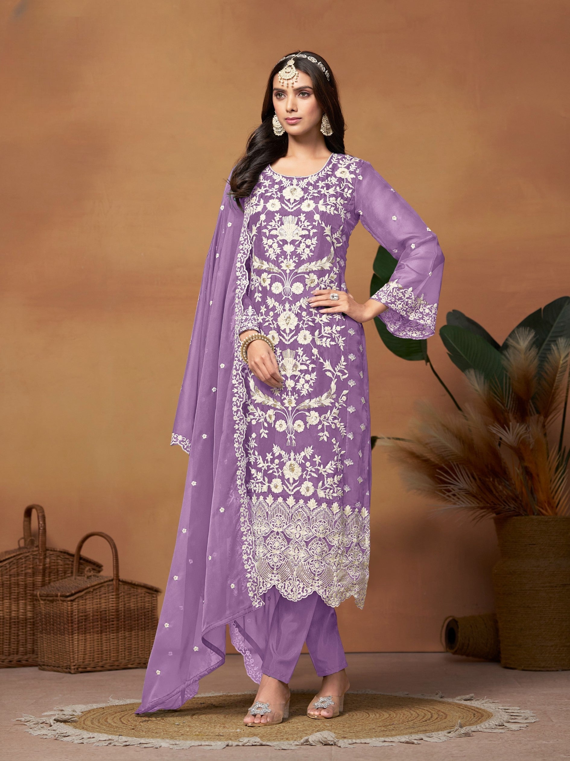 Anaita Lavender Embroidered Soft Organza Salwar Suit | Grocsy