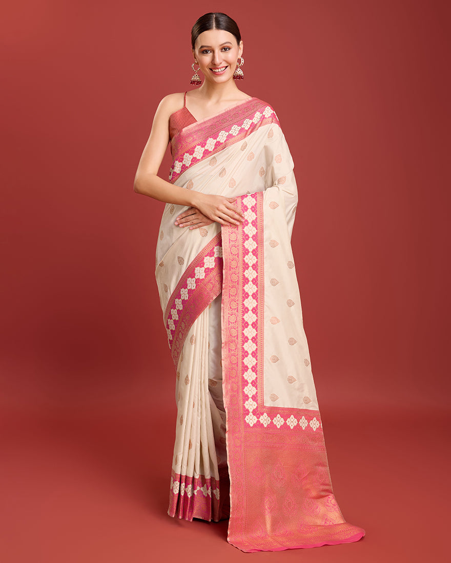 Monjolika Fashion Cream Color Banarasi Rich Zari Woven Weave For Opulent Charm Silk Saree | Grocsy