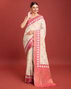 Monjolika Fashion Cream Color Banarasi Rich Zari Woven Weave For Opulent Charm Silk Saree | Grocsy