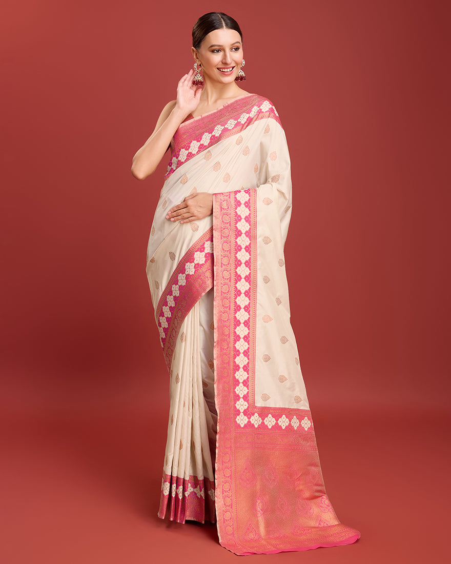 Monjolika Fashion Cream Color Banarasi Rich Zari Woven Weave For Opulent Charm Silk Saree | Grocsy