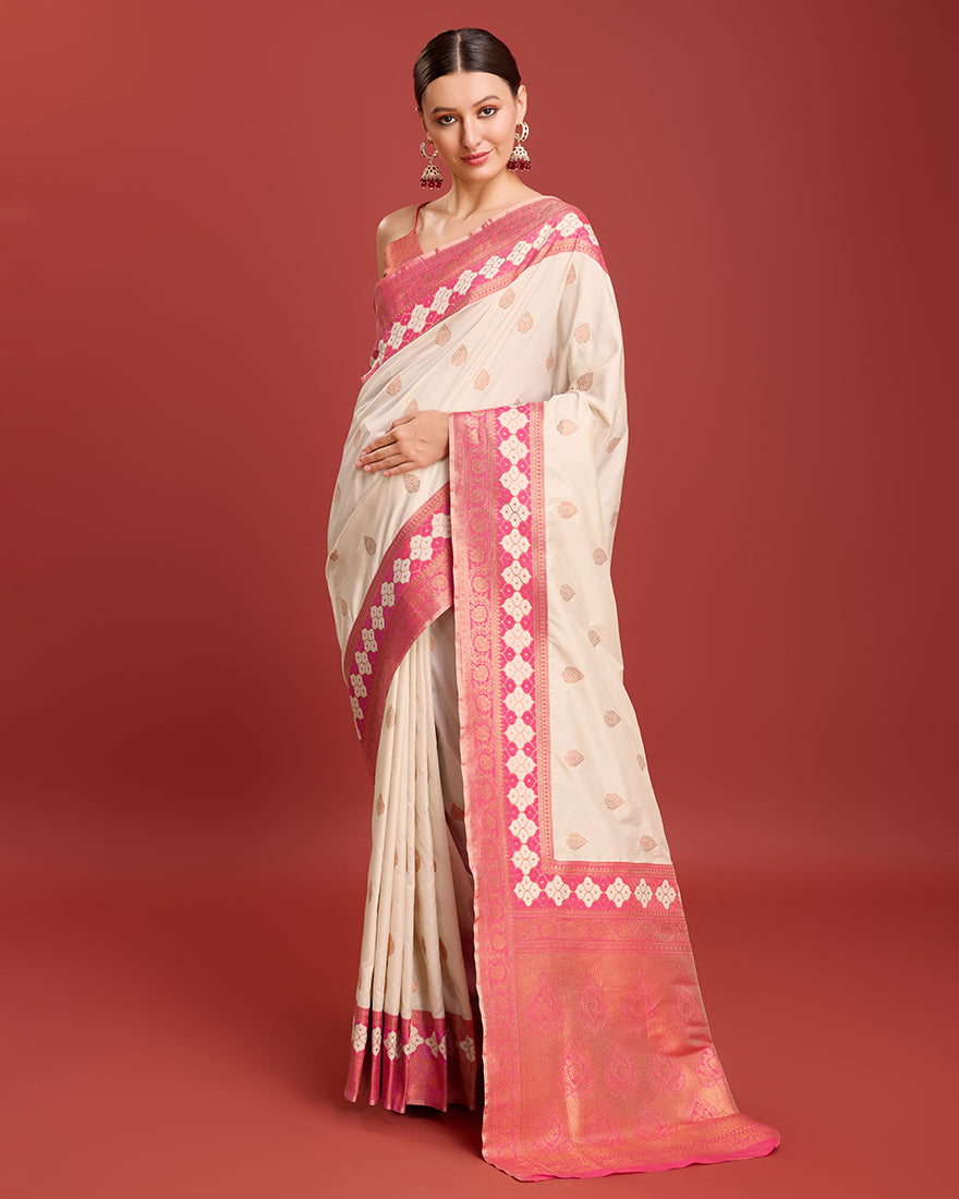 Monjolika Fashion Cream Color Banarasi Rich Zari Woven Weave For Opulent Charm Silk Saree | Grocsy