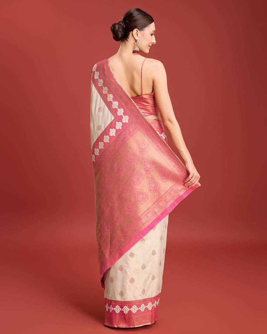 Monjolika Fashion Cream Color Banarasi Rich Zari Woven Weave For Opulent Charm Silk Saree | Grocsy