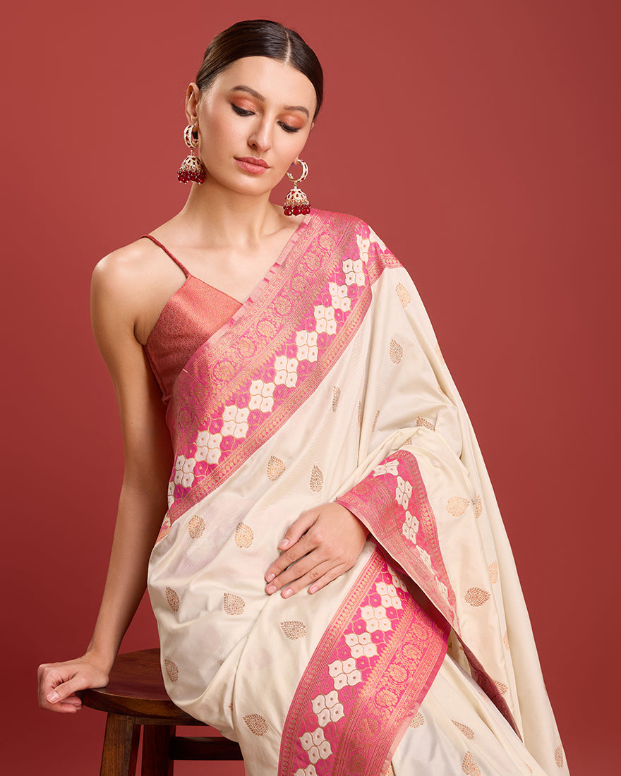 Monjolika Fashion Cream Color Banarasi Rich Zari Woven Weave For Opulent Charm Silk Saree | Grocsy