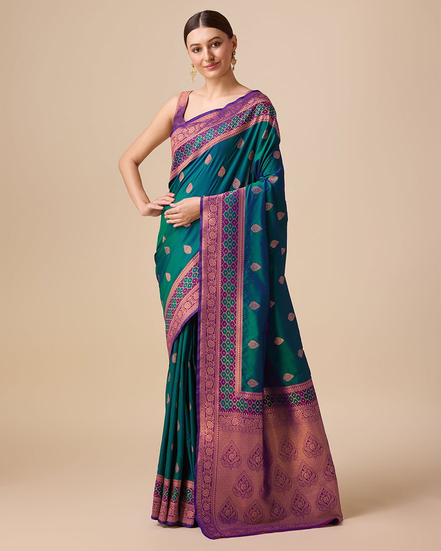 Monjolika Fashion Dark Teal Color Banarasi Rich Zari Woven Weave For Opulent Charm Silk Saree | Grocsy
