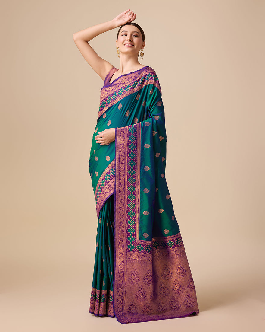 Monjolika Fashion Dark Teal Color Banarasi Rich Zari Woven Weave For Opulent Charm Silk Saree | Grocsy