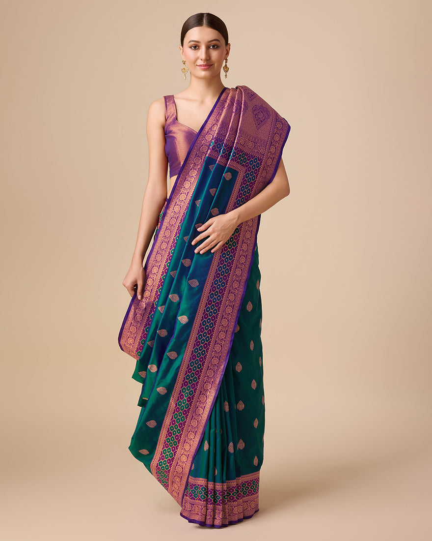 Monjolika Fashion Dark Teal Color Banarasi Rich Zari Woven Weave For Opulent Charm Silk Saree | Grocsy