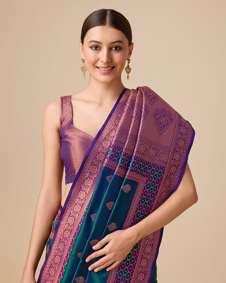Monjolika Fashion Dark Teal Color Banarasi Rich Zari Woven Weave For Opulent Charm Silk Saree | Grocsy