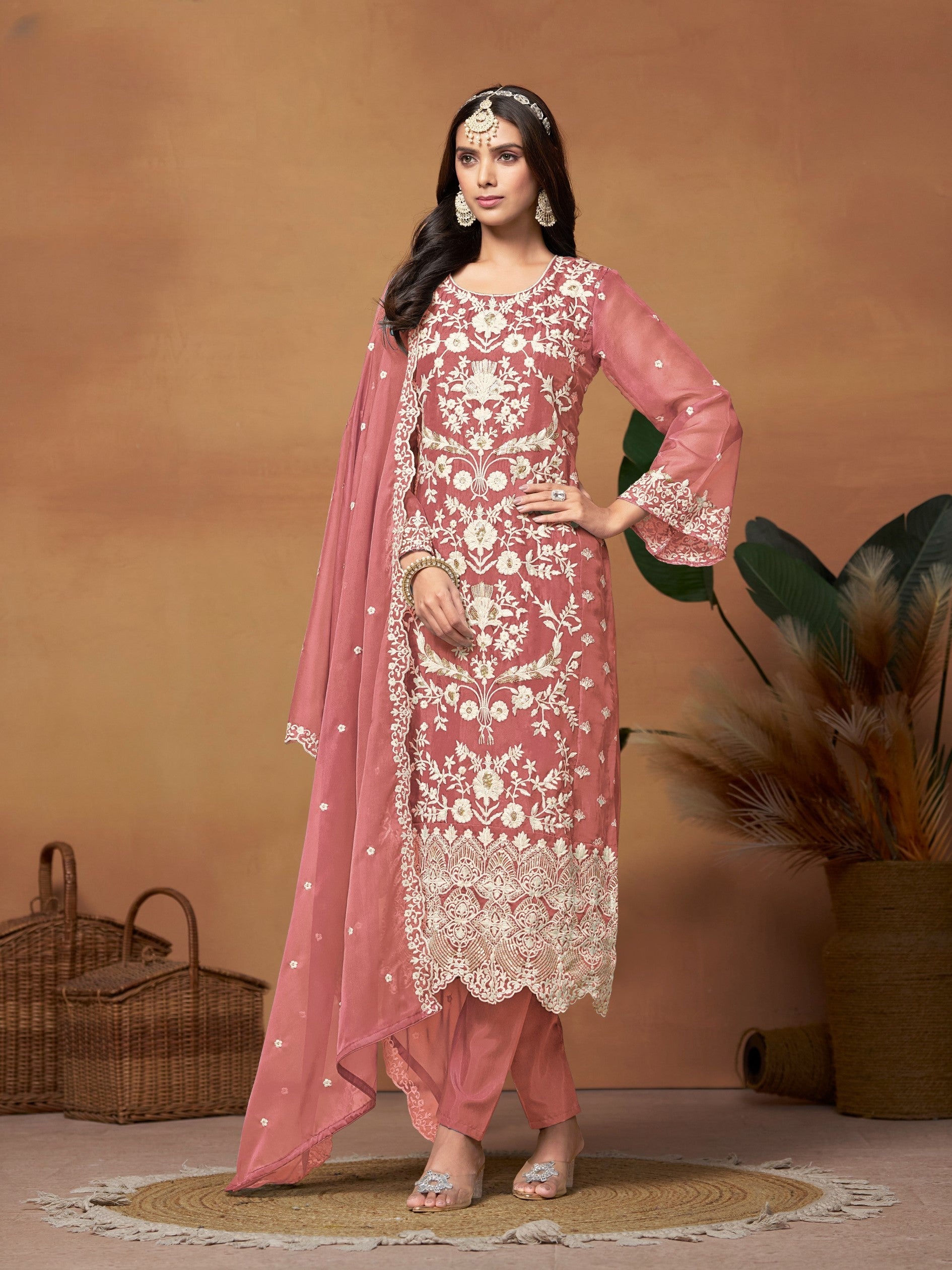 Anaita Peach Embroidered Soft Organza Salwar Suit | Grocsy