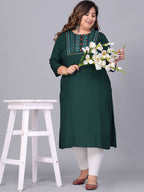 Sztori Plus Size Embroidered Yoke Design Round Neck Three-Quarter Sleeves Straight Kurta | Grocsy