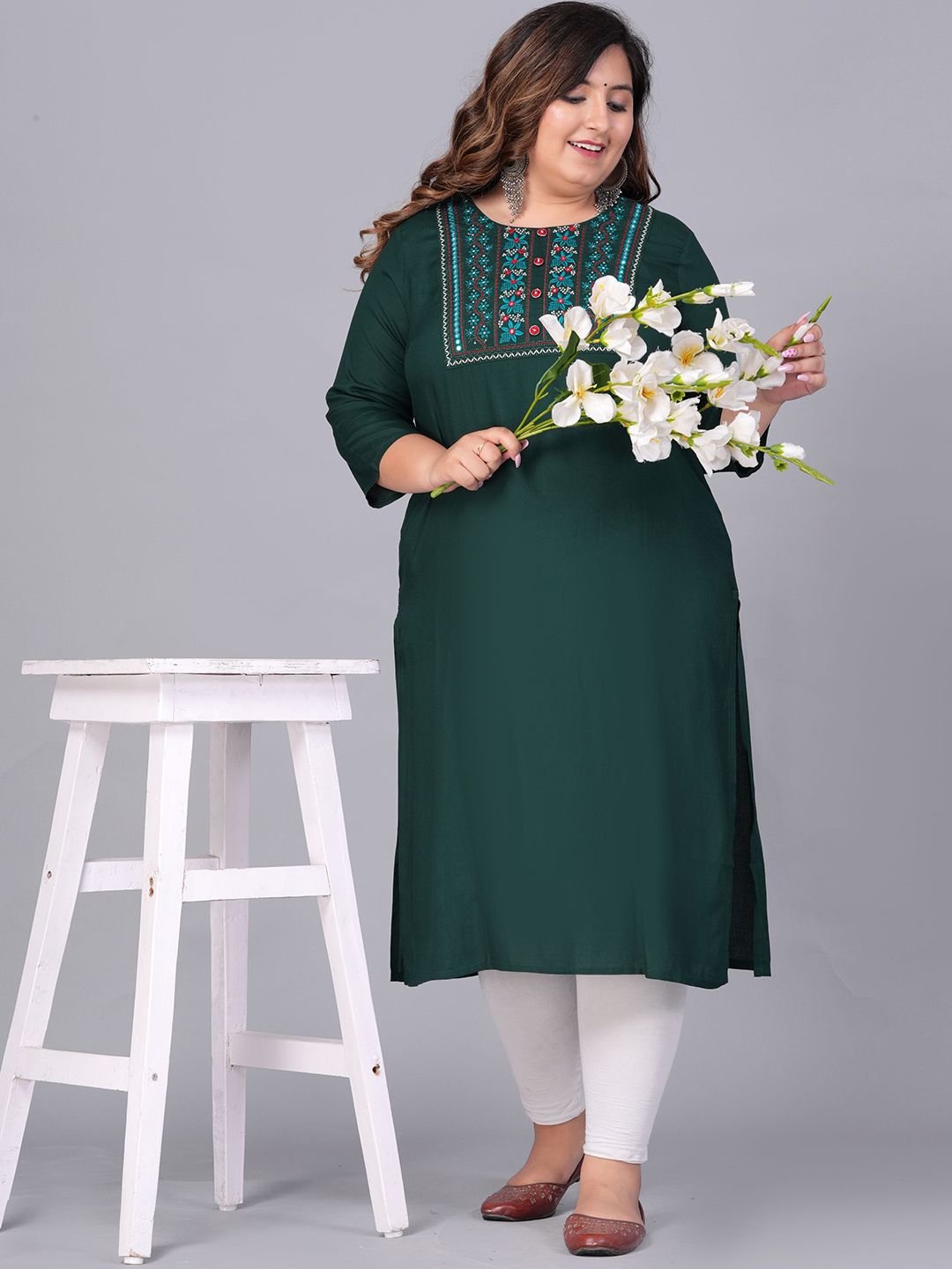 Sztori Plus Size Embroidered Yoke Design Round Neck Three-Quarter Sleeves Straight Kurta | Grocsy