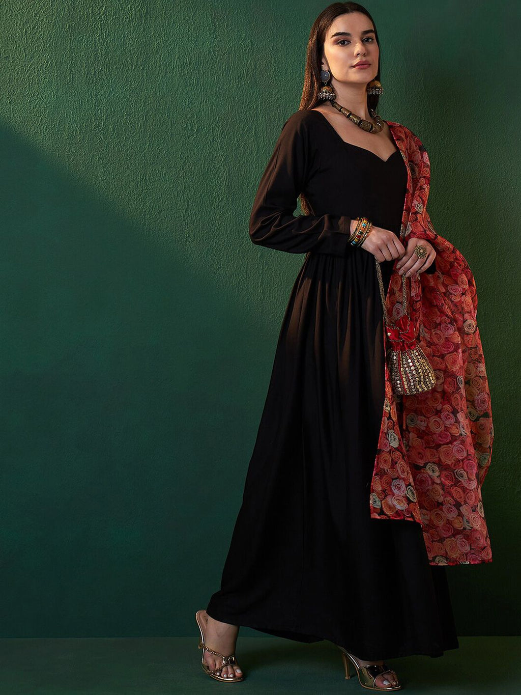 Sangria Black Sweetheart Neck Anarkali Kurta With Dupatta | Grocsy