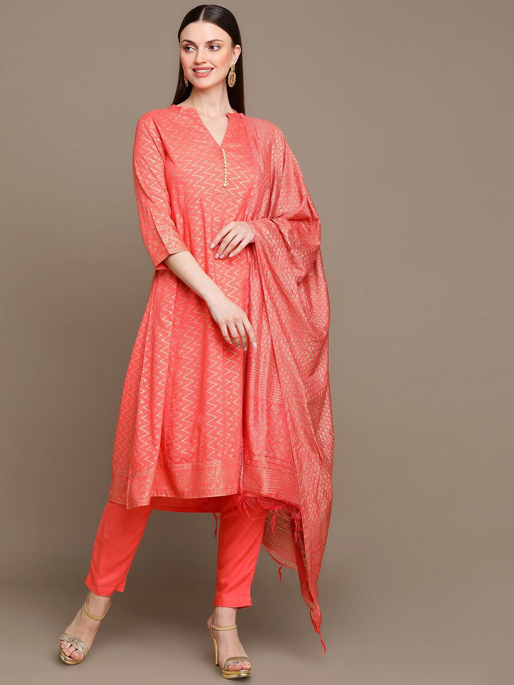 HERE&NOW Chevron Printed Kurta with Trousers & Dupatta | Grocsy