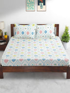 Chumbak White & Blue Ethnic Motifs 136 TC Cotton 1 Queen Bedsheet with 2 Pillow Covers | Grocsy