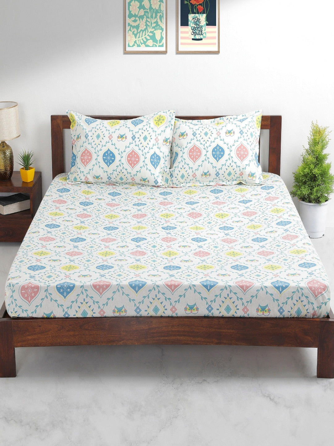 Chumbak White & Blue Ethnic Motifs 136 TC Cotton 1 Queen Bedsheet with 2 Pillow Covers | Grocsy