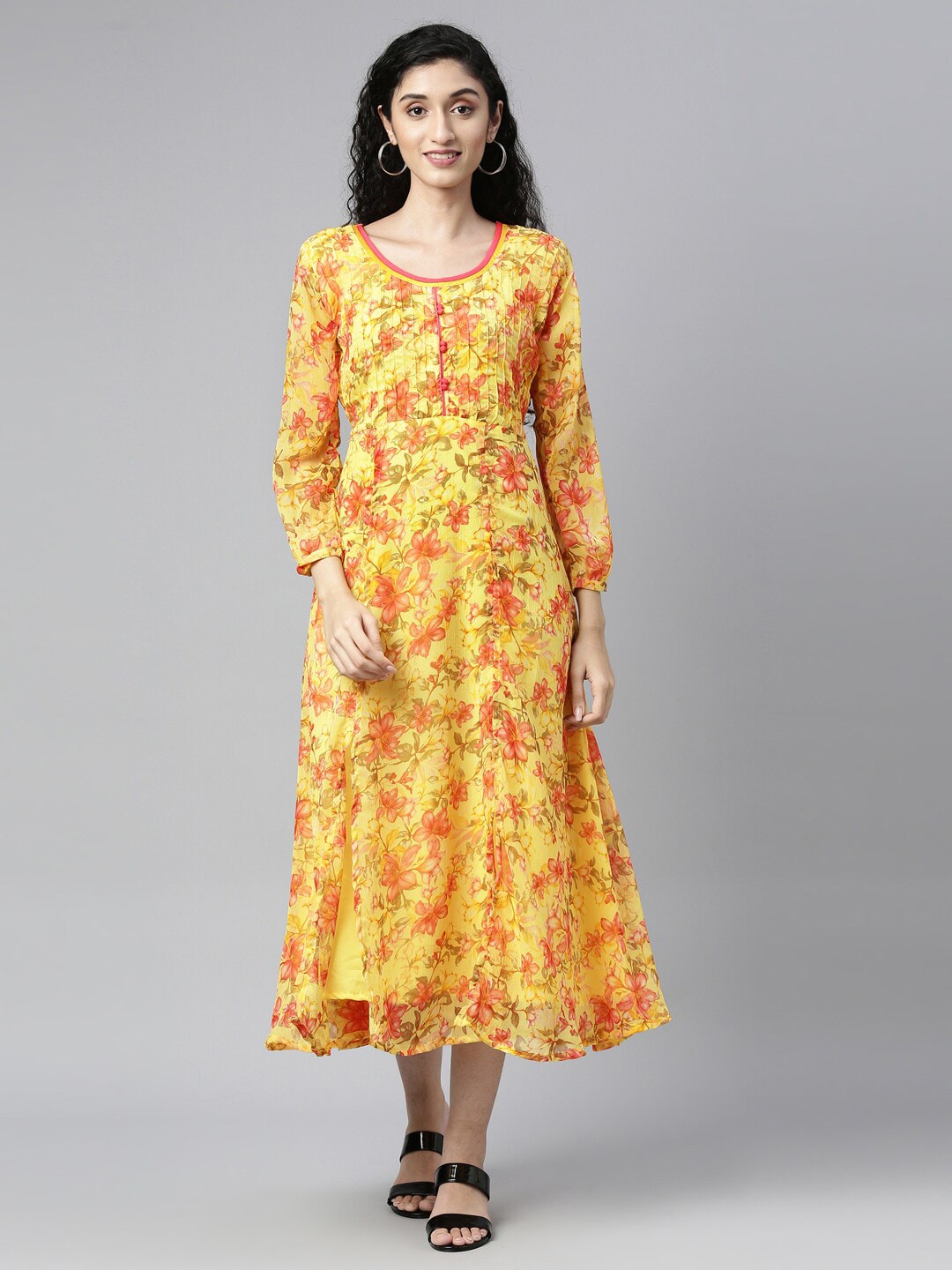 Souchii Yellow Floral Layered Chiffon A-Line Midi Dress | Grocsy