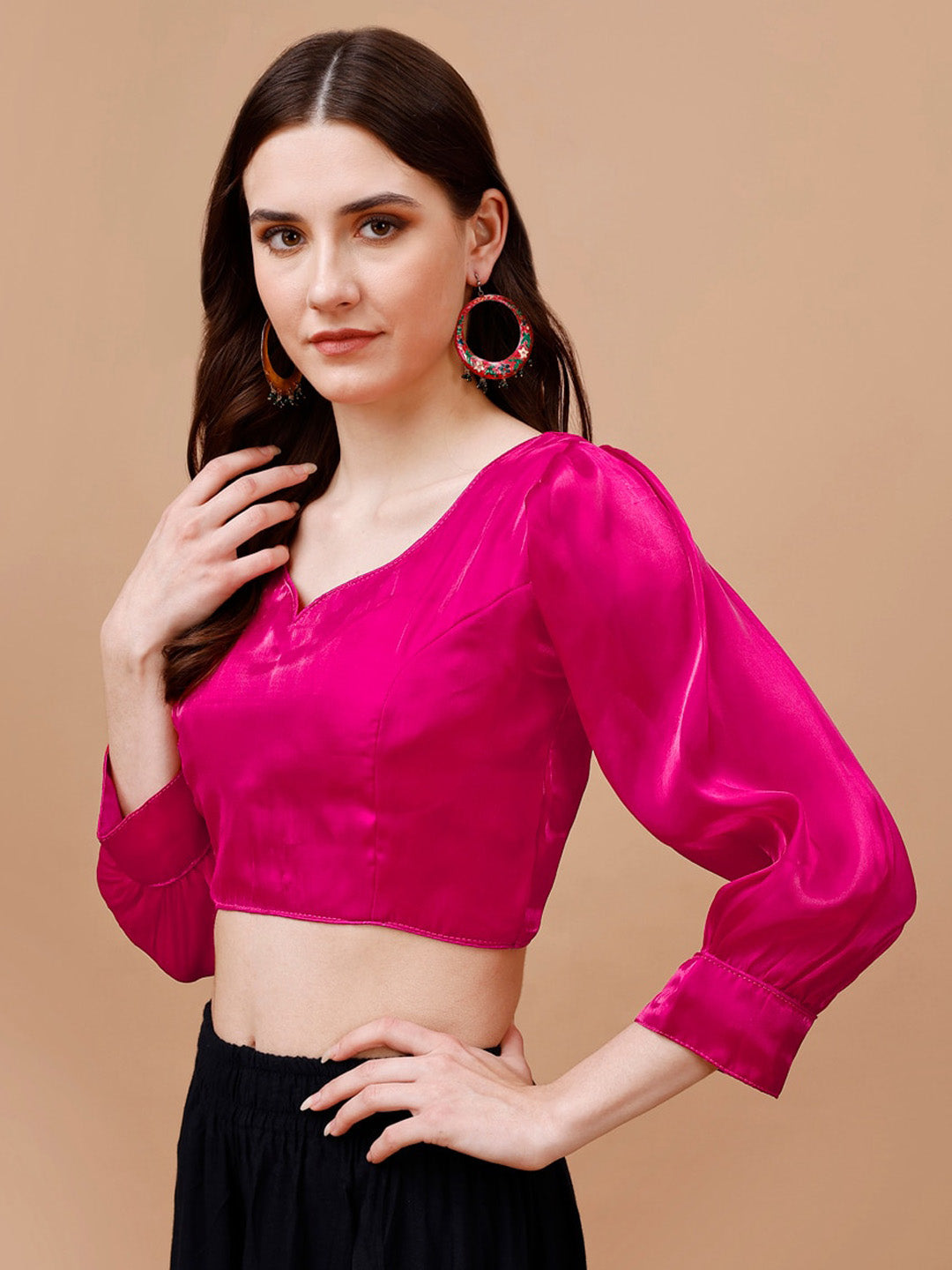 Tikhi Imli Pink Sweetheart Neck Puff Sleeves Saree Blouse | Grocsy