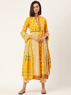 HERE&NOW Women Yellow Floral Printed Empire Kurta with Trousers & Dupatta | Grocsy