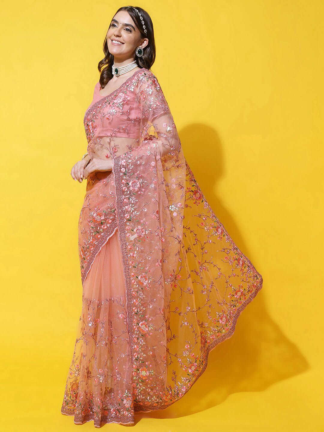 kasee Floral Embroidered Net Saree | Grocsy