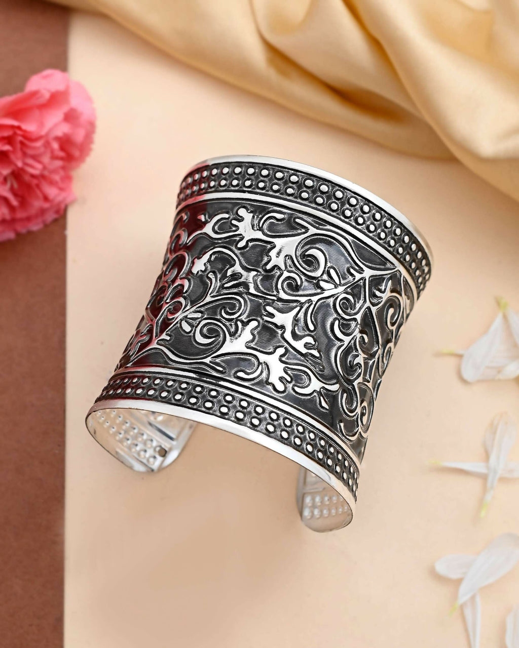 VOJ Silver Plated Oxidised Cuff Bracelet | Grocsy