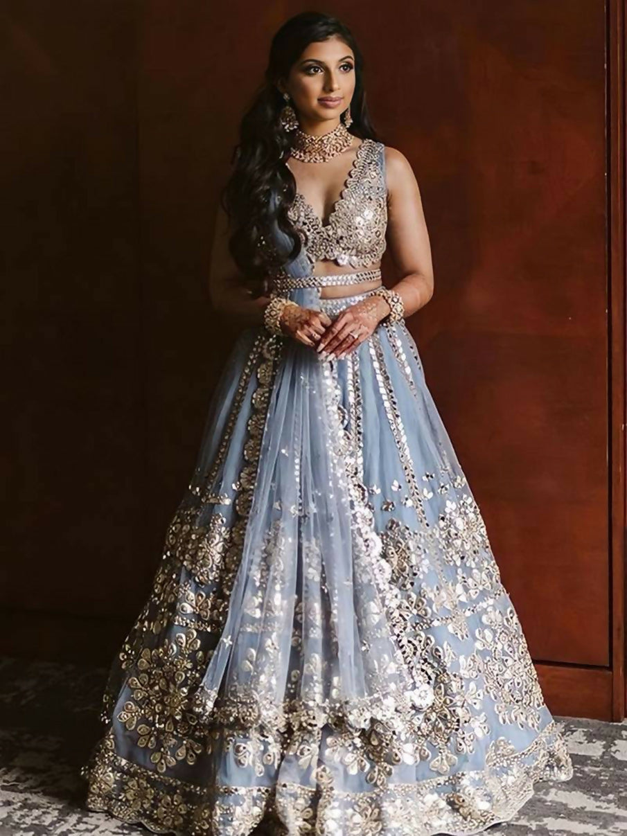 Jyoti Fashion Glamorous Grey Zari With Paper Mirror Embroidered Net Lehenga Choli with Dupatta | Grocsy