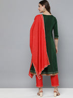 HERE&NOW Floral Yoke Design Regular Thread Work Kurta with Trousers & With Dupatta | Grocsy