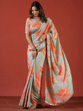 Sangria Sea Green Floral Printed Zari Saree | Grocsy