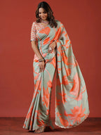 Sangria Sea Green Floral Printed Zari Saree | Grocsy