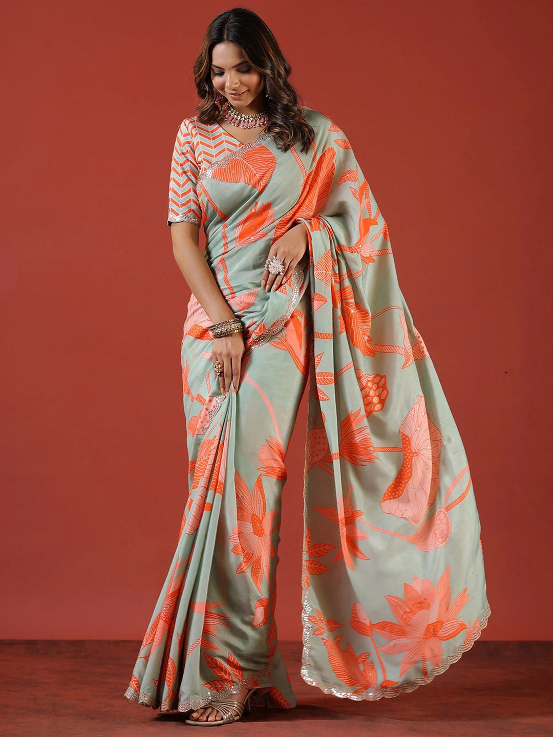 Sangria Sea Green Floral Printed Zari Saree | Grocsy