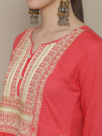 Sangria Women Coral Ethnic Motifs Yoke Design Kurta | Grocsy
