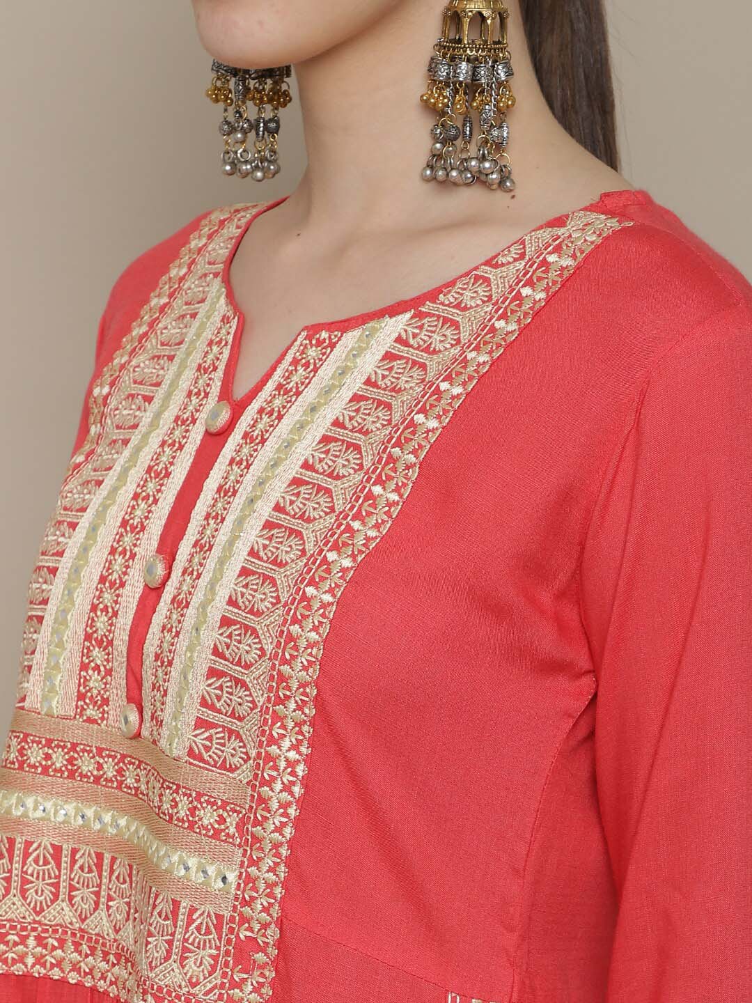 Sangria Women Coral Ethnic Motifs Yoke Design Kurta | Grocsy