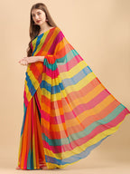 Sangria Yellow & Turquoise Blue Colourblocked Pure Chiffon Saree | Grocsy